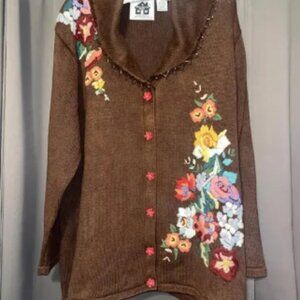 Storybook Knits Sweater Women's 2XL Brown Floral Bead Sequin Ramie Cotton Heavy